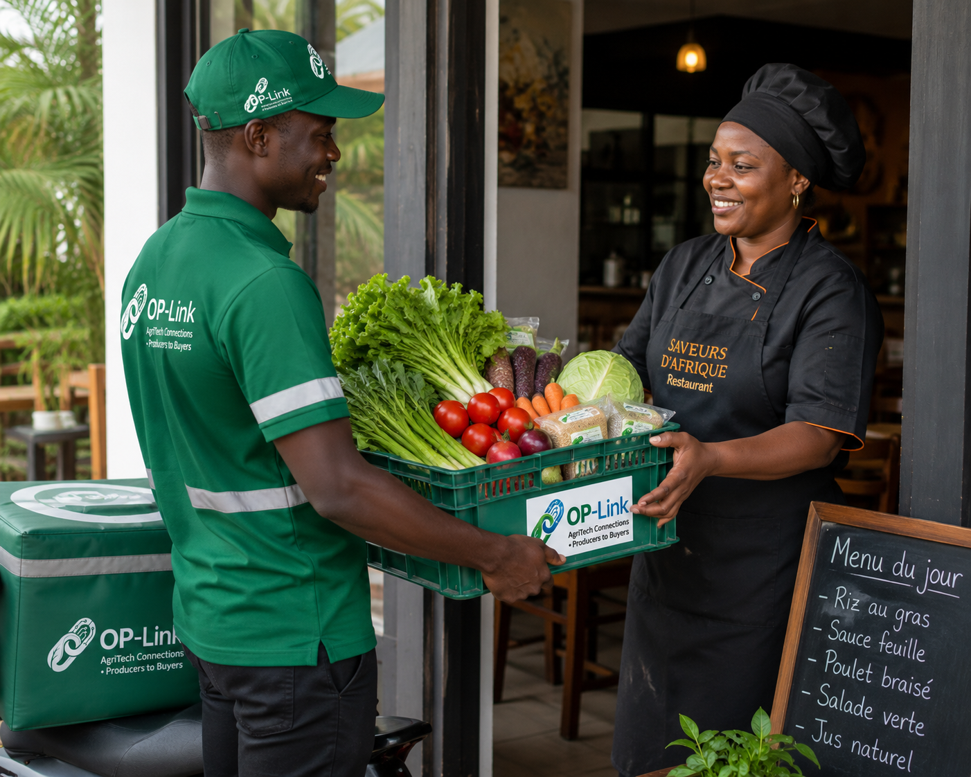 Livreur Op-link remettant un panier de produits frais à une restauratrice